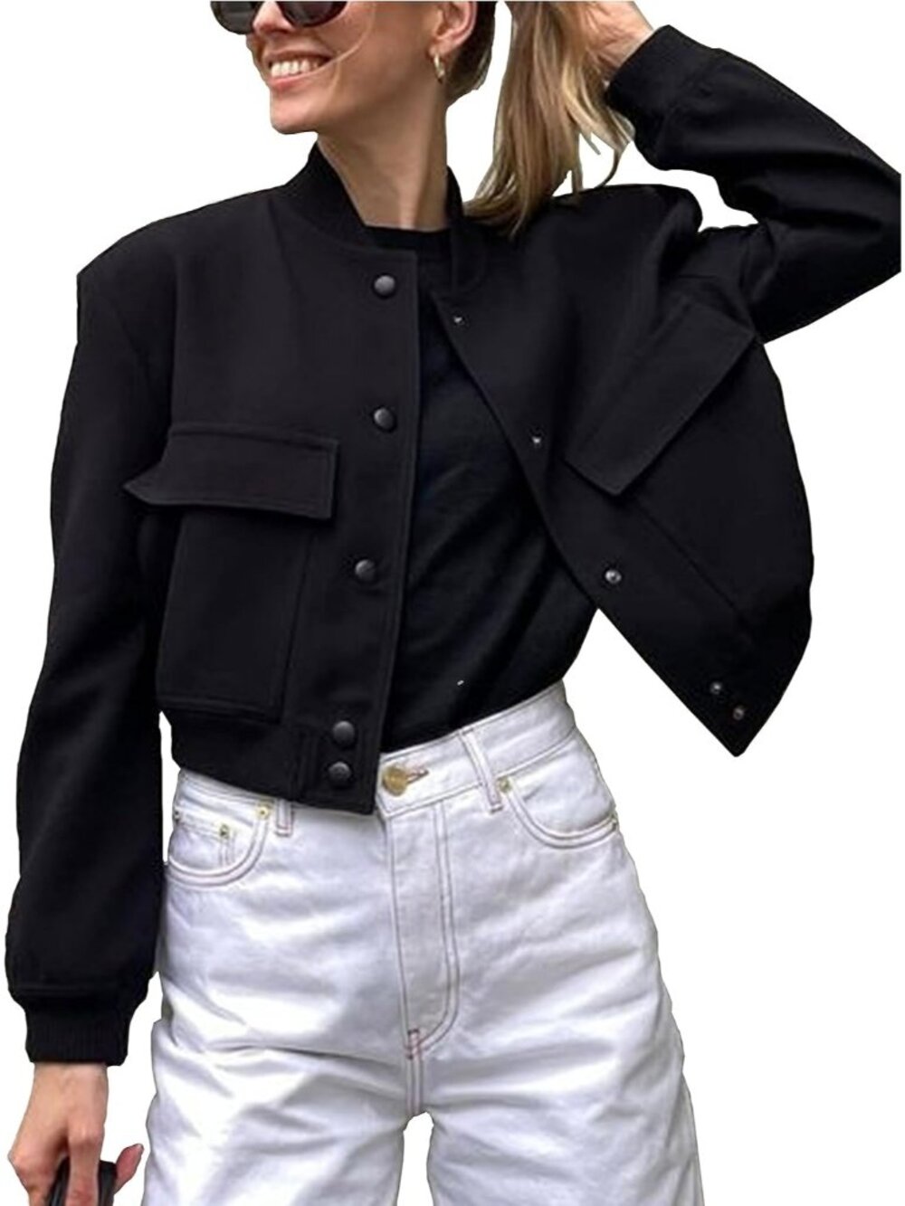 Women's Black Cropped Button Down Varsity Jackets Shackets Pocket Bomber Jackets